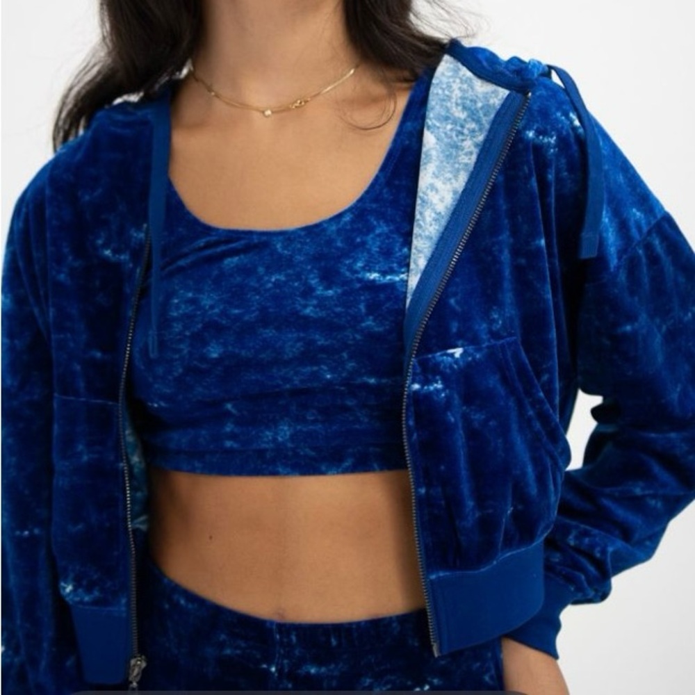 Cross Colours Mineral Wash Velour Crop Zip Hoodie - Mineral Navy